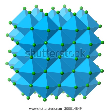Sodium chloride (rock salt, halite, table salt), crystal structure. Atoms shown as color-coded spheres & polyhedra (Na, blue; Cl, green).