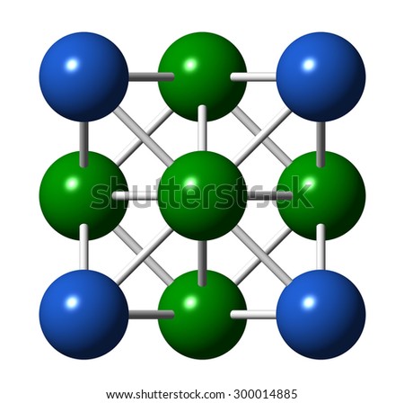 Silver metal, crystal structure. Precious metal, used in electronics, medicine, jewelry, etc. Unit cell. Corner and center atoms are shown in different colors.
