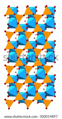 Kaolinite clay mineral, crystal structure. Shown as mixed spheres-polyhedral model.