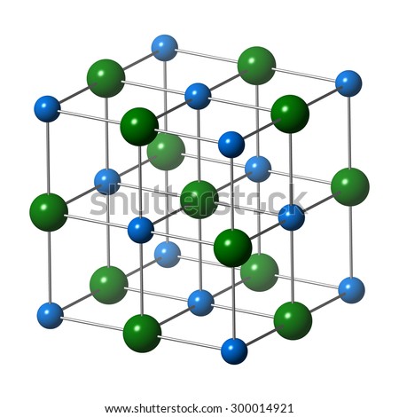 Sodium chloride (rock salt, halite, table salt), crystal structure. Atoms shown as color-coded spheres (Na, blue; Cl, green). Unit cell.