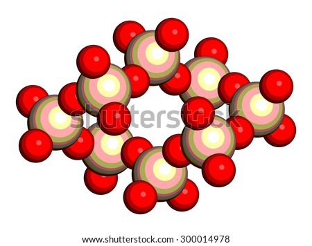 Quartz (rock crystal) mineral, crystal structure. Onyx, amethyst and agate gemstone are all varieties of quartz. Atoms shown as color-coded spheres (Si, beige; O, red).