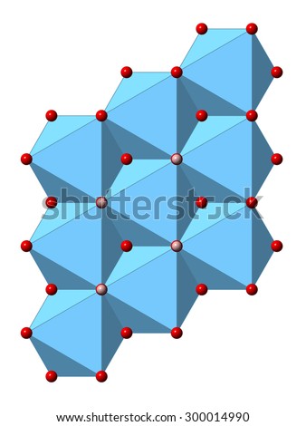 Portlandite (calcium hydroxide, Ca(OH)2, slaked lime, hydrated lime) mineral, crystal structure. Atoms shown as spheres and polyhedra (oxygen, red; hydrogen, pink; calcium, blue).