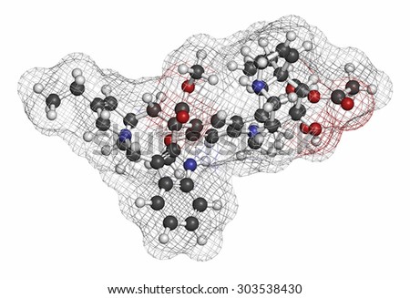 Vinorelbine (NVB) cancer chemotherapy drug molecule. Atoms are represented as spheres with conventional color coding: hydrogen (white), carbon (grey), oxygen (red), nitrogen (blue).