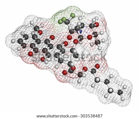 Valrubicin bladder cancer drug molecule. Atoms are represented as spheres with conventional color coding: hydrogen (white), carbon (grey), oxygen (red), nitrogen (blue), fluorine (light green).
