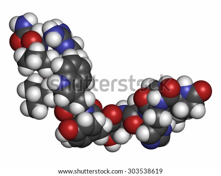 Triptorelin gonadotropin releasing hormone agonist drug molecule. Atoms are represented as spheres with conventional color coding: hydrogen (white), carbon (grey), nitrogen (blue), oxygen (red).