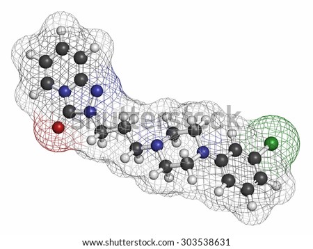 Trazodone antidepressant, hypnotic and anxiolytic drug molecule. Atoms are represented as spheres with conventional color coding: hydrogen (white), carbon (grey), oxygen (red), nitrogen (blue), etc