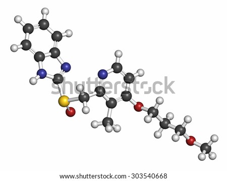 Rabeprazole gastric ulcer drug molecule (proton pump inhibitor). Atoms are represented as spheres with conventional color coding: hydrogen (white), carbon (grey), oxygen (red), nitrogen (blue), etc