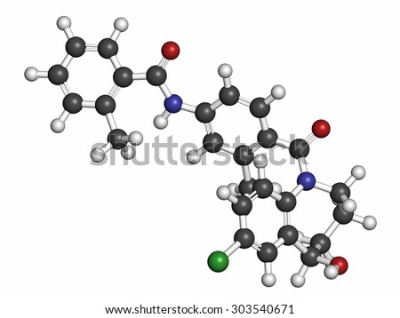 Tolvaptan hyponatremia (low blood sodium level) drug molecule.  Atoms are represented as spheres with conventional color coding: hydrogen (white), carbon (grey), oxygen (red), nitrogen (blue), etc