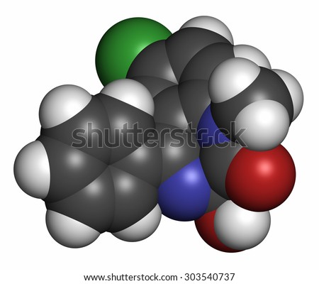 Temazepam benzodiazepine drug molecule. Used as hypnotic, anxiolytic and anticonvulsant drug. Atoms are represented as spheres with conventional color coding: hydrogen (white), etc