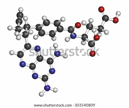 Pralatrexate cancer drug molecule (antifolate class). Atoms are represented as spheres with conventional color coding: hydrogen (white), carbon (grey), oxygen (red), nitrogen (blue), chlorine (green)