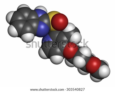Rabeprazole gastric ulcer drug molecule (proton pump inhibitor). Atoms are represented as spheres with conventional color coding: hydrogen (white), carbon (grey), oxygen (red), nitrogen (blue), etc