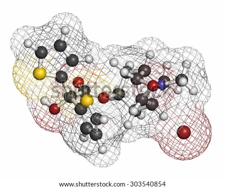 Tiotropium bromide chronic obstructive pulmonary disease (COPD) drug molecule. Atoms are represented as spheres with conventional color coding: hydrogen (white), carbon (grey), etc