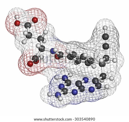 Pralatrexate cancer drug molecule (antifolate class). Atoms are represented as spheres with conventional color coding: hydrogen (white), carbon (grey), oxygen (red), nitrogen (blue), chlorine (green)