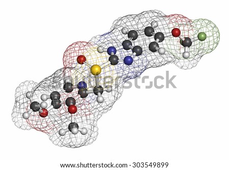 Pantoprazole gastric ulcer drug molecule (proton pump inhibitor). Atoms are represented as spheres with conventional color coding: hydrogen (white), carbon (grey), oxygen (red), nitrogen (blue), etc