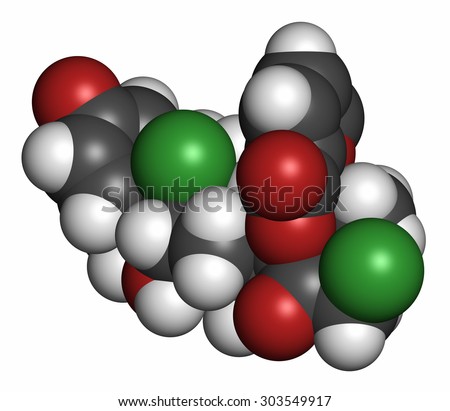 Mometasone furoate steroid drug molecule. Prodrug of mometasone. Atoms are represented as spheres with conventional color coding: hydrogen (white), carbon (grey), oxygen (red), chlorine (green).