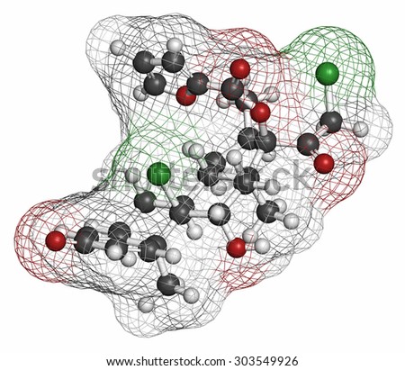 Mometasone furoate steroid drug molecule. Prodrug of mometasone. Atoms are represented as spheres with conventional color coding: hydrogen (white), carbon (grey), oxygen (red), chlorine (green).