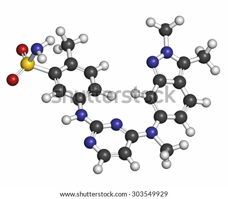 Pazopanib cancer drug molecule (tyrosine kinase inhibitor class). Atoms are represented as spheres with conventional color coding: hydrogen (white), carbon (grey), oxygen (red), nitrogen (blue), etc