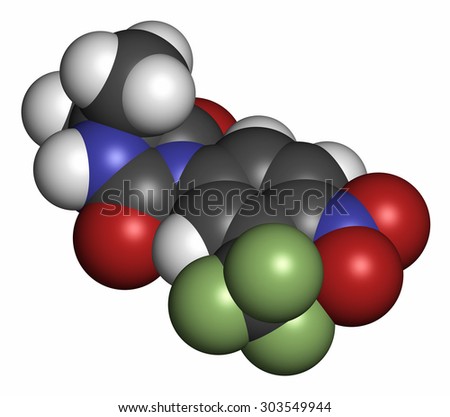 Nilutamide prostate cancer drug molecule (antiandrogen). Atoms are represented as spheres with conventional color coding: hydrogen (white), carbon (grey), nitrogen (blue), oxygen (red), etc