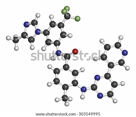 Nilotinib cancer drug molecule (tyrosine kinase inhibitor). Atoms are represented as spheres with conventional color coding: hydrogen (white), carbon (grey), oxygen (red), nitrogen (blue), etc