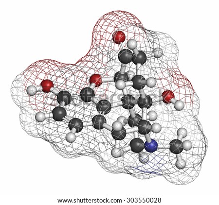 Oxymorphone opioid analgesic drug molecule. Atoms are represented as spheres with conventional color coding: hydrogen (white), carbon (grey), oxygen (red), nitrogen (blue).