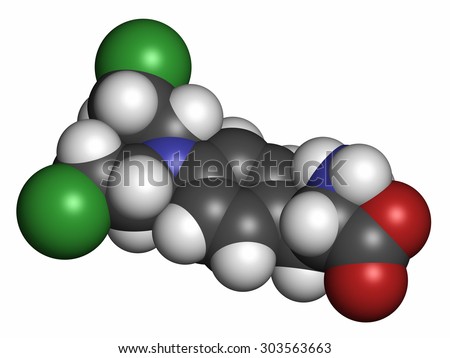 Melphalan cancer chemotherapy drug molecule. Atoms are represented as spheres with conventional color coding: hydrogen (white), carbon (grey), nitrogen (blue), chlorine (green).