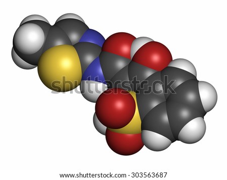 Meloxicam NSAID drug molecule. Atoms are represented as spheres with conventional color coding: hydrogen (white), carbon (grey), oxygen (red), nitrogen (blue), sulfur (yellow).