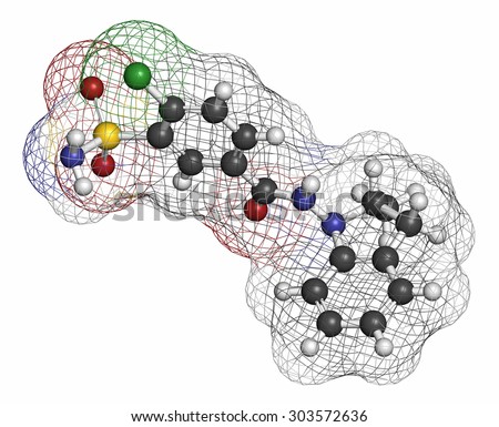 Indapamide hypertension drug molecule (diuretic). Atoms are represented as spheres with conventional color coding: hydrogen (white), carbon (grey), oxygen (red), nitrogen (blue), chlorine (green), etc
