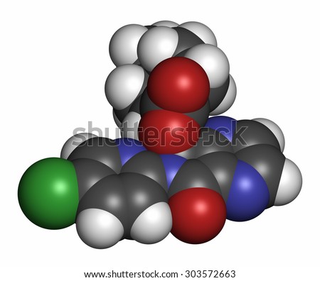 Eszopiclone hypnotic drug molecule (sleeping pill). Atoms are represented as spheres with conventional color coding: hydrogen (white), carbon (grey), oxygen (red), nitrogen (blue), chlorine (green).