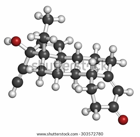 Gestodene progestogen hormonal contraceptive drug molecule. Atoms are represented as spheres with conventional color coding: hydrogen (white), carbon (grey), oxygen (red).