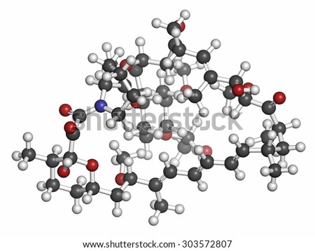 Everolimus immunosuppressant molecule. Used in drug-eluting coronary stents. Atoms are represented as spheres with conventional color coding: hydrogen (white), carbon (grey), oxygen (red), etc