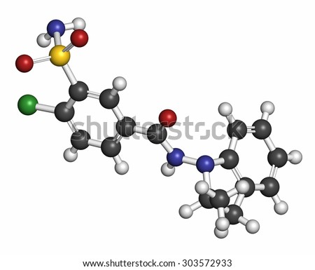 Indapamide hypertension drug molecule (diuretic). Atoms are represented as spheres with conventional color coding: hydrogen (white), carbon (grey), oxygen (red), nitrogen (blue), chlorine (green), etc