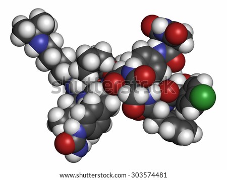 Degarelix prostate cancer drug molecule. Atoms are represented as spheres with conventional color coding: hydrogen (white), carbon (grey), nitrogen (blue), oxygen (red), chlorine (green).
