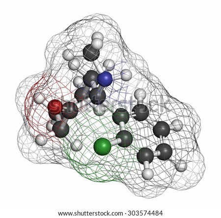 Esketamine antidepressant and anesthetic drug molecule. Atoms are represented as spheres with conventional color coding: hydrogen (white), carbon (grey), oxygen (red), nitrogen (blue), etc