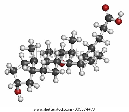 Deoxycholic acid bile acid molecule. Also used as drug. Atoms are represented as spheres with conventional color coding: hydrogen (white), carbon (grey), oxygen (red).