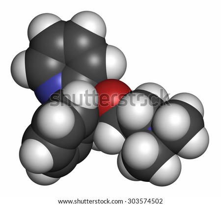 Doxylamine antihistamine drug molecule. Also used as over-the-counter (OTC) sedative. Atoms are represented as spheres with conventional color coding: hydrogen (white), carbon (grey), etc