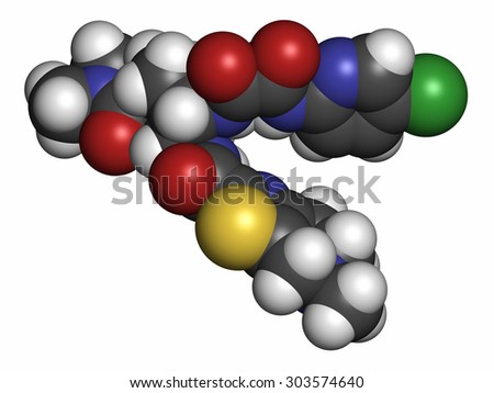 Edoxaban anticoagulant drug molecule (direct FXa inhibitor). Atoms are represented as spheres with conventional color coding: hydrogen (white), carbon (grey), oxygen (red), nitrogen (blue), etc