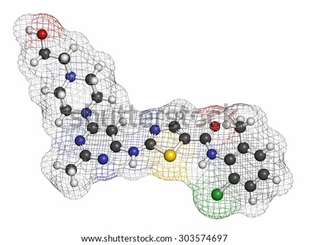 Dasatinib cancer drug molecule. Atoms are represented as spheres with conventional color coding: hydrogen (white), carbon (grey), oxygen (red), nitrogen (blue), sulfur (yellow), chlorine (green).
