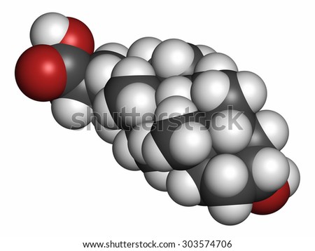 Deoxycholic acid bile acid molecule. Also used as drug. Atoms are represented as spheres with conventional color coding: hydrogen (white), carbon (grey), oxygen (red).