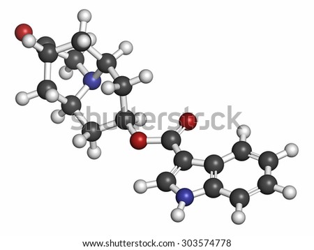 Dolasetron nausea and vomiting drug molecule. Atoms are represented as spheres with conventional color coding: hydrogen (white), carbon (grey), oxygen (red), nitrogen (blue).