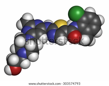 Dasatinib cancer drug molecule. Atoms are represented as spheres with conventional color coding: hydrogen (white), carbon (grey), oxygen (red), nitrogen (blue), sulfur (yellow), chlorine (green).