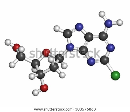 Cladribine cancer drug molecule. Atoms are represented as spheres with conventional color coding: hydrogen (white), carbon (grey), oxygen (red), nitrogen (blue), chlorine (green).