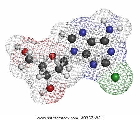 Cladribine cancer drug molecule. Atoms are represented as spheres with conventional color coding: hydrogen (white), carbon (grey), oxygen (red), nitrogen (blue), chlorine (green).