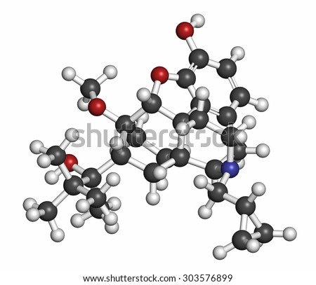 Buprenorphine opioid addiction and pain killer drug molecule. Atoms are represented as spheres with conventional color coding: hydrogen (white), carbon (grey), oxygen (red), nitrogen (blue).