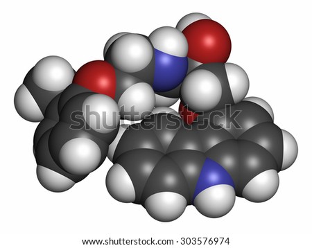 Carvedilol congestive heart failure drug molecule. Atoms are represented as spheres with conventional color coding: hydrogen (white), carbon (grey), oxygen (red), nitrogen (blue).