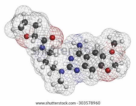 Alfuzosin benign prostate hyperplasia (BPH) drug molecule. Atoms are represented as spheres with conventional color coding: hydrogen (white), carbon (grey), oxygen (red), nitrogen (blue).