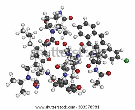 Abarelix drug molecule (gonadotropin-releasing hormone, GnRH antagonist). Atoms are represented as spheres with conventional color coding: hydrogen (white), carbon (grey), oxygen (red), etc