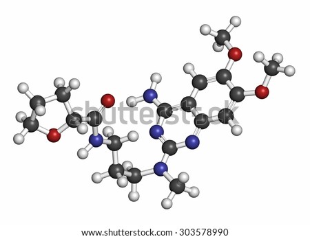 Alfuzosin benign prostate hyperplasia (BPH) drug molecule. Atoms are represented as spheres with conventional color coding: hydrogen (white), carbon (grey), oxygen (red), nitrogen (blue).