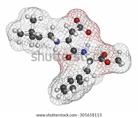 Neotame (E961) sugar substitute molecule. Atoms are represented as spheres with conventional color coding: hydrogen (white), carbon (grey), oxygen (red), nitrogen (blue).