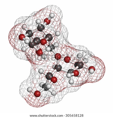 Maltitol sugar alcohol sweetener molecule. Atoms are represented as spheres with conventional color coding: hydrogen (white), carbon (grey), oxygen (red).