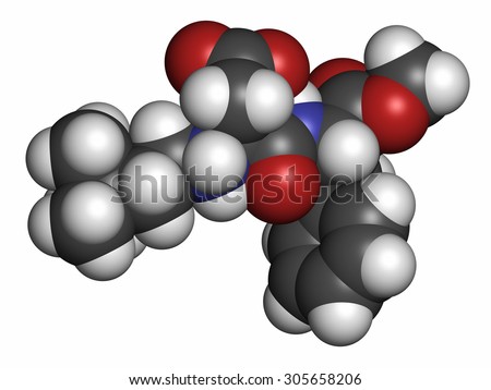Neotame (E961) sugar substitute molecule. Atoms are represented as spheres with conventional color coding: hydrogen (white), carbon (grey), oxygen (red), nitrogen (blue).